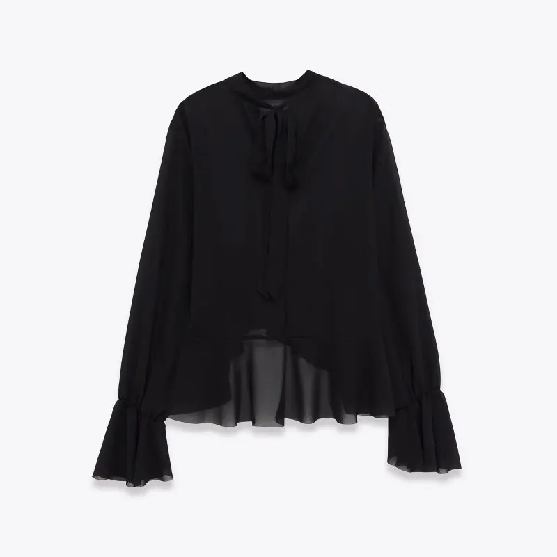 بلوزة نسائية برقبة دائرية وأكمام طويلة وطبقات للديكور، قميص كاجوال أنيق