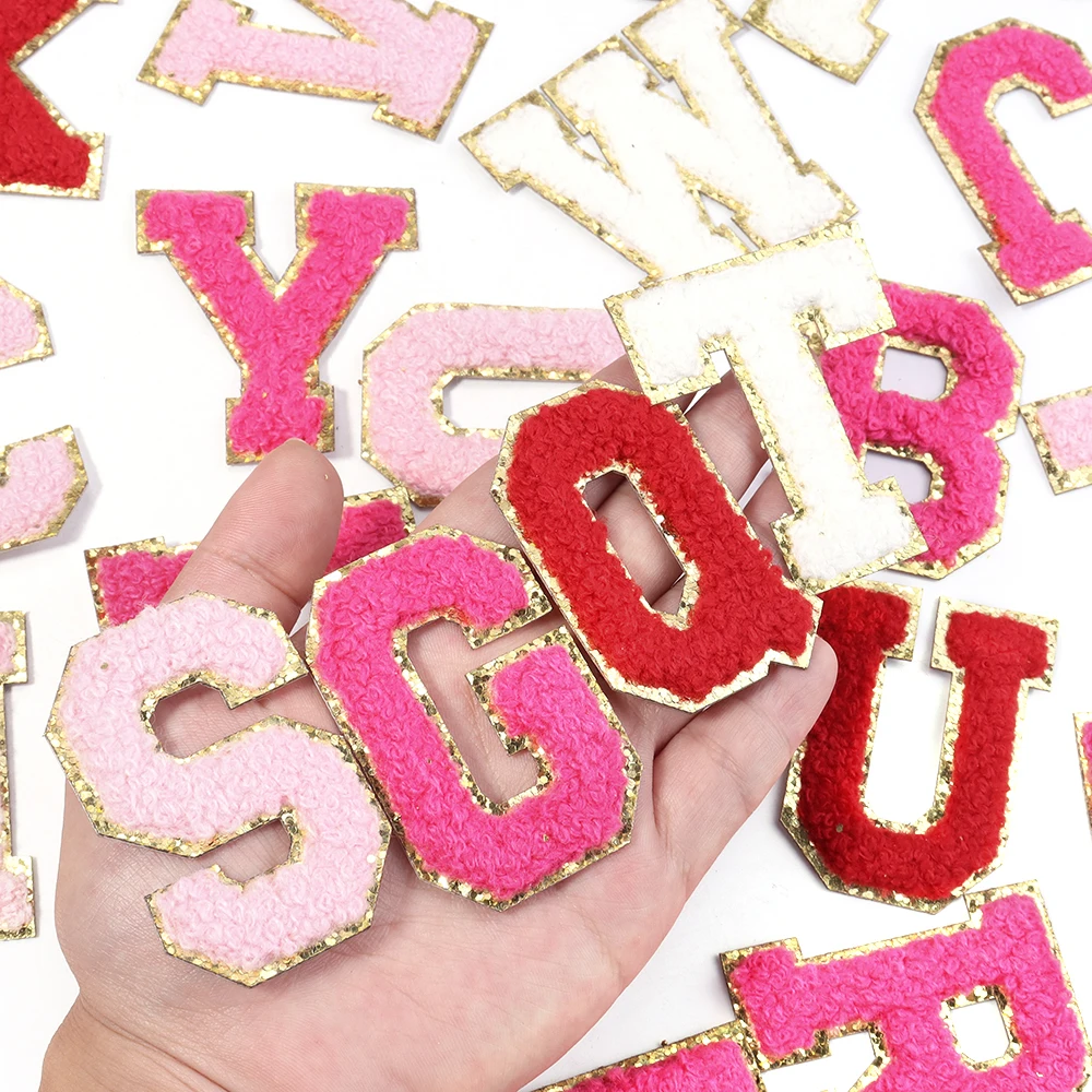 8pcs Sweet 26 Letters Towel Embroidery Patch Pink A-Z Self-adhesive Sticker Decoration For DIY Apparel Bag Crafts Accessories