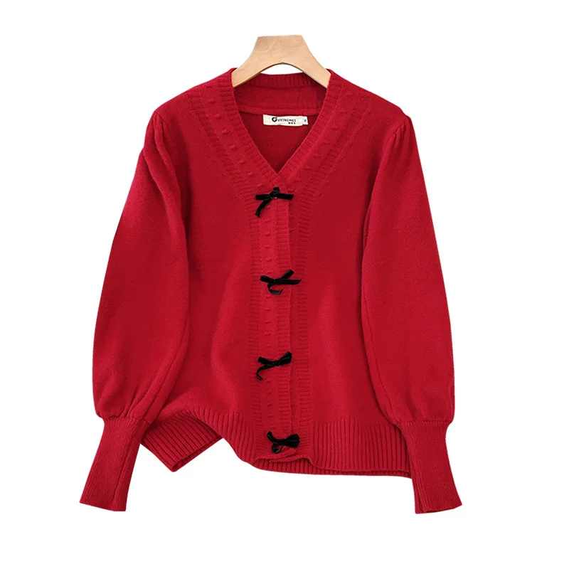 150Kg Plus Size Women\'s Bust 150 Spring Autumn Loose V-Neck Bow Sweater Long Sleeved Knitted Coat Black Red 5XL 6XL 7XL 8XL 9XL