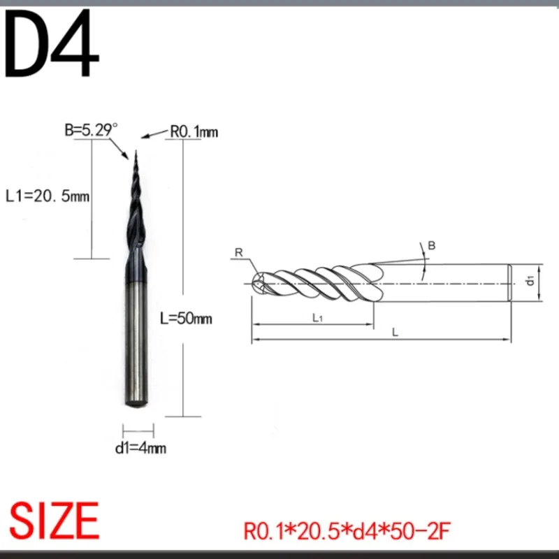 

JERRAY R0.1mmx D4 mm Tungsten solid carbide Tapered Ball Nose End Mills Wood working CNC 2D 3D Carving Bits Milling cut