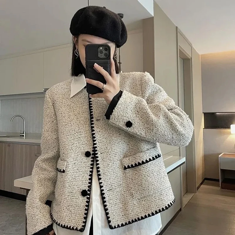 Elegant Cropped Tweed Jackets Women Vintage Short Coats Autumn Winter Office Lady Korean Streetwear Fashion Outerwear Tops New