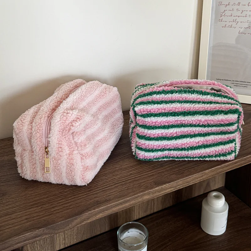 

5pcs Makeup Bags Women Plush Striped Square Large Capacity Light Protable Cosmetic Bag Mix Color