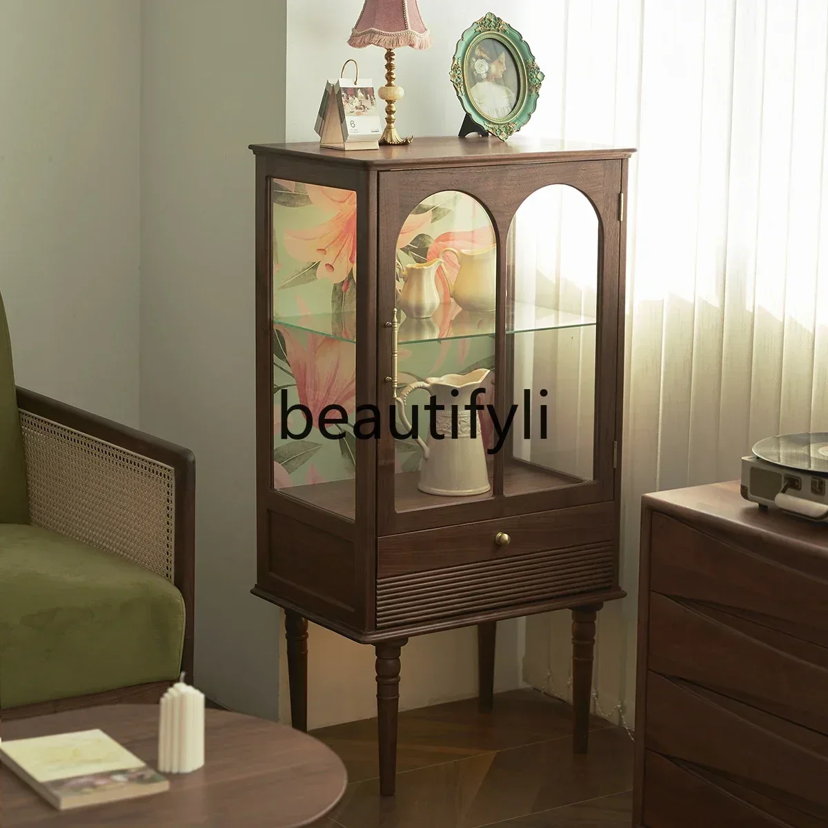 

yj32 Display Cabinet Nordic Vintage Black Walnut Living Room Solid Wood Storage Cabinet Locker Glass Drawer Cabinet