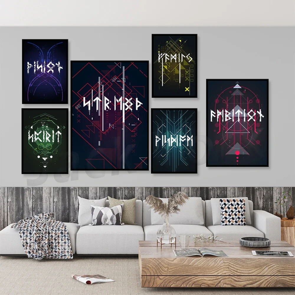 رونيك الوحدة نقش طباعة فن العرافة اللغة الشمالية القديمة Vintage المشارك اللوحة صورة جدار ديكور