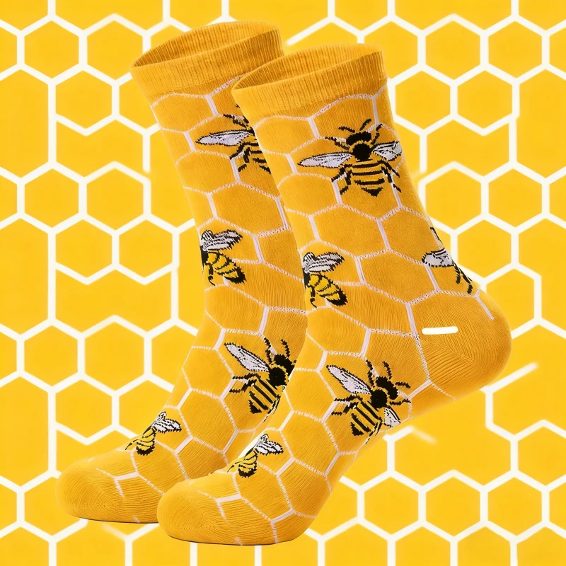 1 Pair Of Seasonal Fun Bee Honeycomb Shaped Fashionable And Cool Bee Pattern Men's And Women's Breathable Casual Long Socks