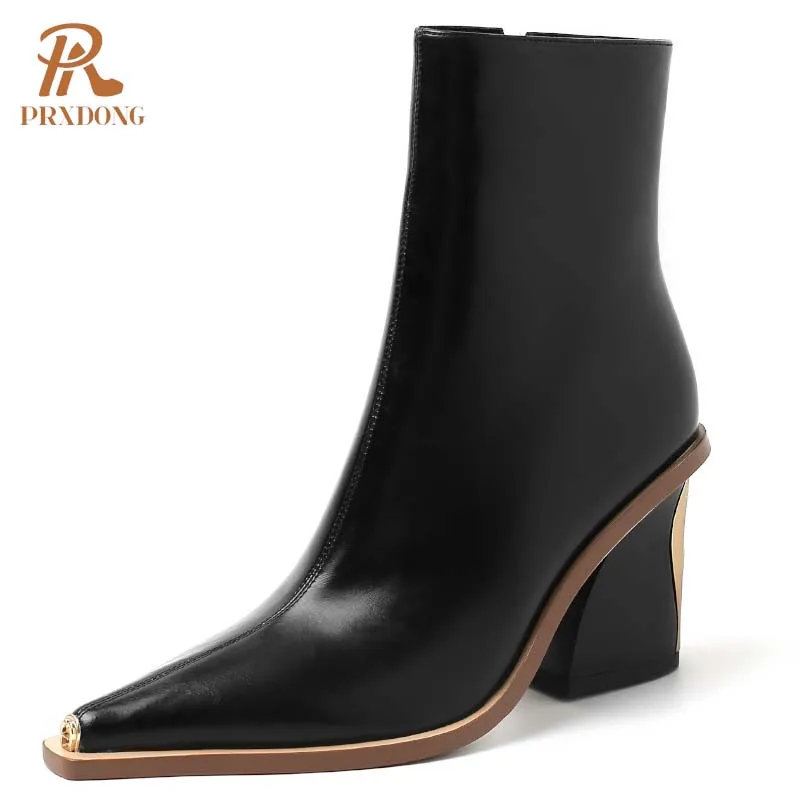 PRXDONG New Brand Genuine Leather Women Shoes Chunky High Heels Pointed Toe Autumn Winter Warm Ankle Boots Black Brown Size 40