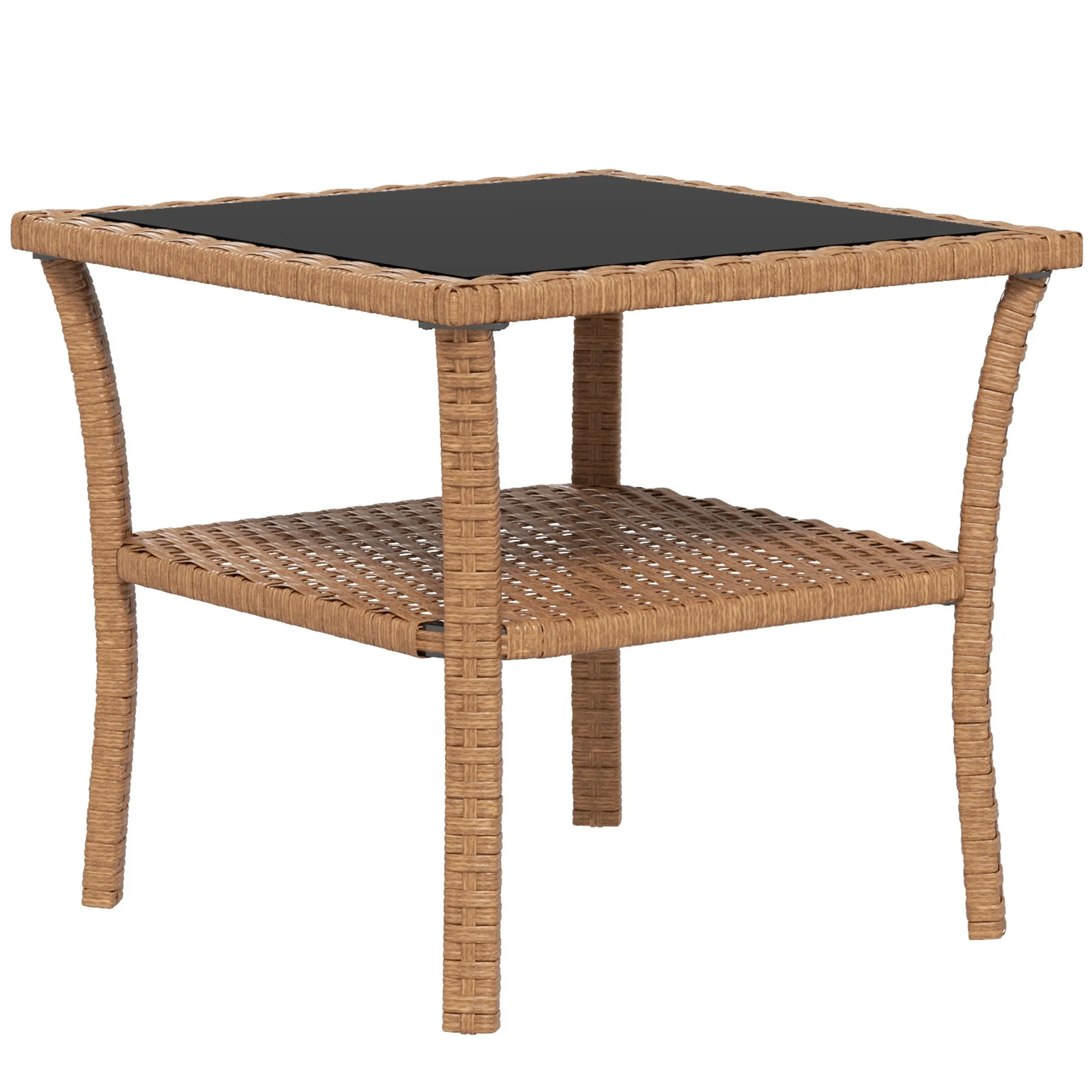 Outsunny Patio Wicker Coffee Table W/ Two-Tier Design, Side Table, Sand