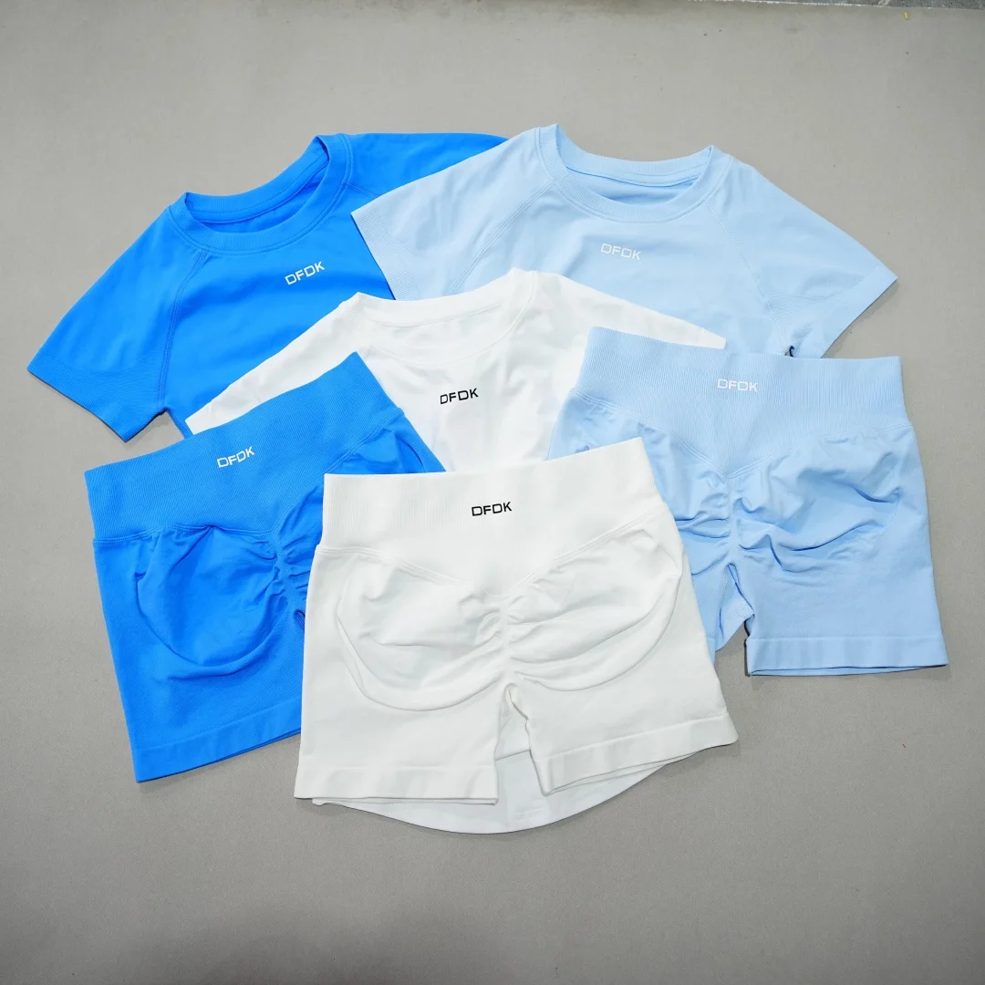 DFDK Seamless 2PCS Sportswear Set For Women Short Sleeve Yoga Top High Waist Shorts Quick Dry Fitness Gym Running Workout Tra