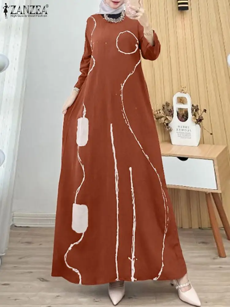 ZANZEA Elegant Muslim Printed Dress Turkey Abaya Women Fashion O Neck Long Sleeve Maxi Vestidos Casual Loose Ramadan Sundress