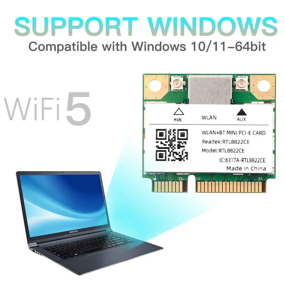 Sem fio Mini Pcie RTL8822CE Placa de rede Wifi 5 Bluetooth 5.0 Adaptador Dual Band 5G/2.4Ghz Para 802.11ac MU-MIMO Laptop/PC