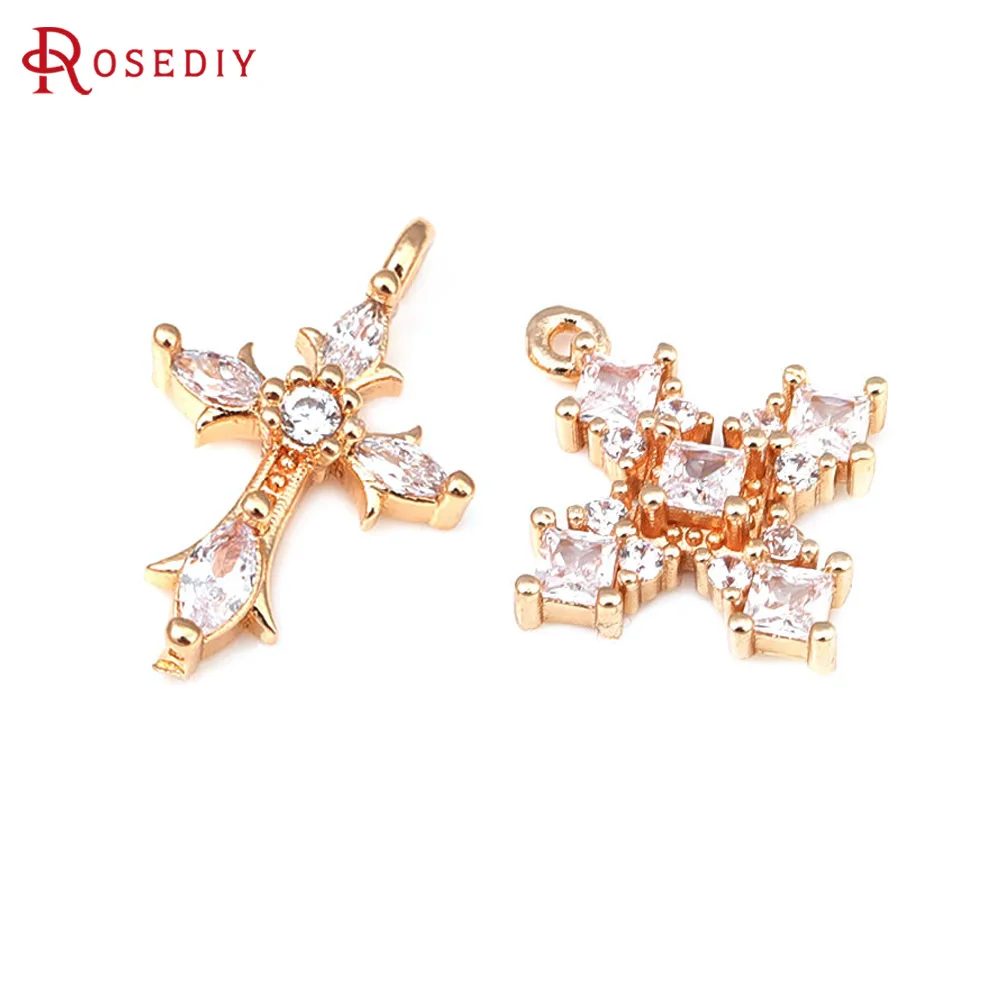 10PCS 18K Gold Color Brass and Zircon Cross Charms Pendants Diy Jewelry Making Supplies Necklace Earrings Accessories for Women