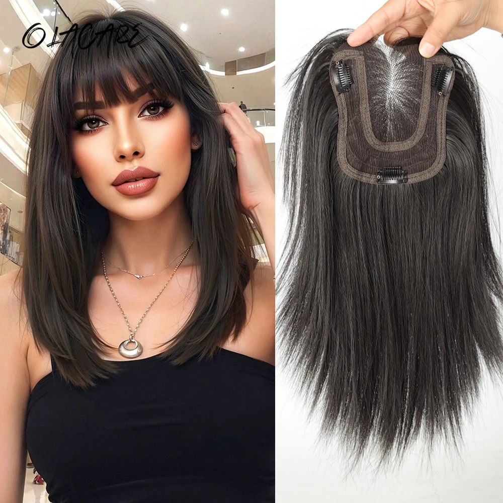 OLACARE 12 Inch Natural Black Brown Synthetic Hair Toppers Long Straight Hairpieces for Women 6*10CM Lace Front Hair Topper