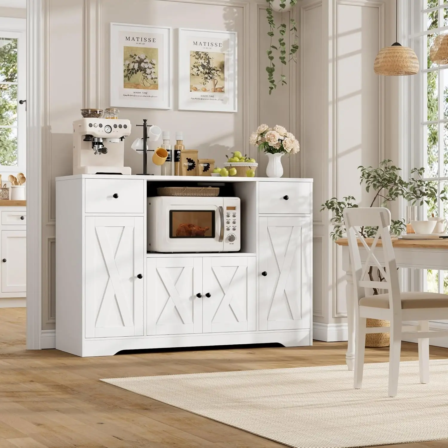 Armoire à micro-ondes 47' avec station de recharge, buffet de cuisine blanc avec tiroirs et étagères