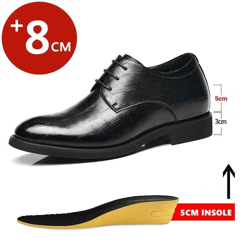 Sapatos Elevador de sola grossa de couro genuíno masculino, sapatos Oxford formais para negócios, festa de casamento, aumento de altura, 3 cm, 6 cm, 8 cm