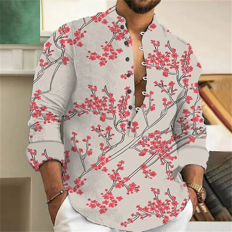 Camisa de mezcla de lino para hombre, camisa informal de manga larga con patrón impreso en 3D