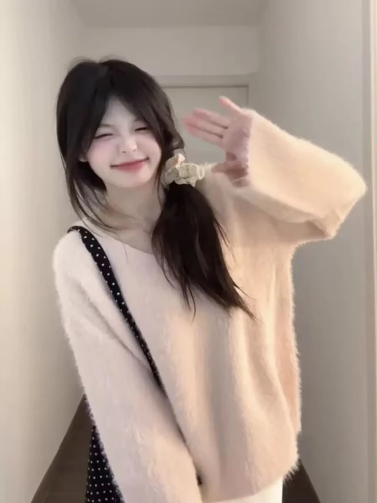 

Thiened Version! Lazy Pink V-ne Mink Sweater Women's Autumn Winter New Loose Fluffy Knitted Sweater Sweet Sle Mid-length