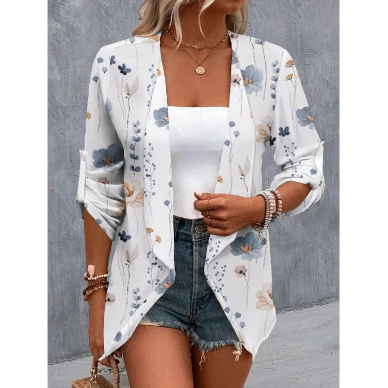 

Women Elegant Fashion Print Hollow Asymmetrical Cardigan Jacket Autumn Office Lady Long Sleeve Casual Tunic Coats Ropa De Mujer