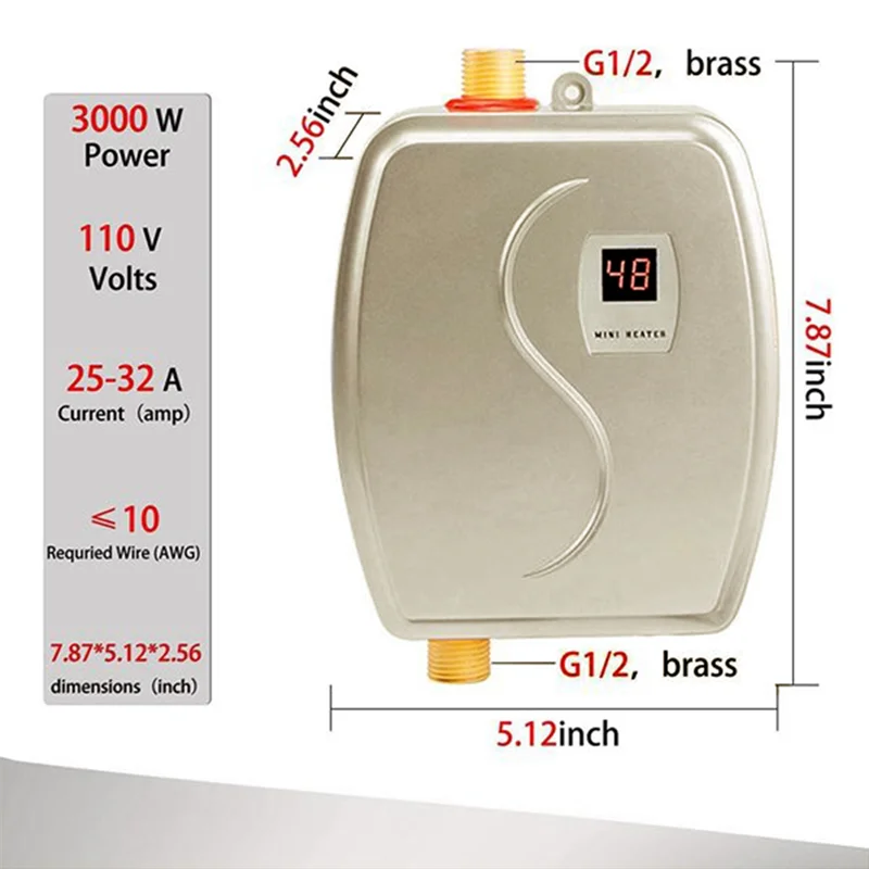 ABJN-Mini calentador de agua, calentador de agua caliente eléctrico instantáneo sin tanque de 110V, calentador de agua caliente eléctrico 3000W, enchufe estadounidense