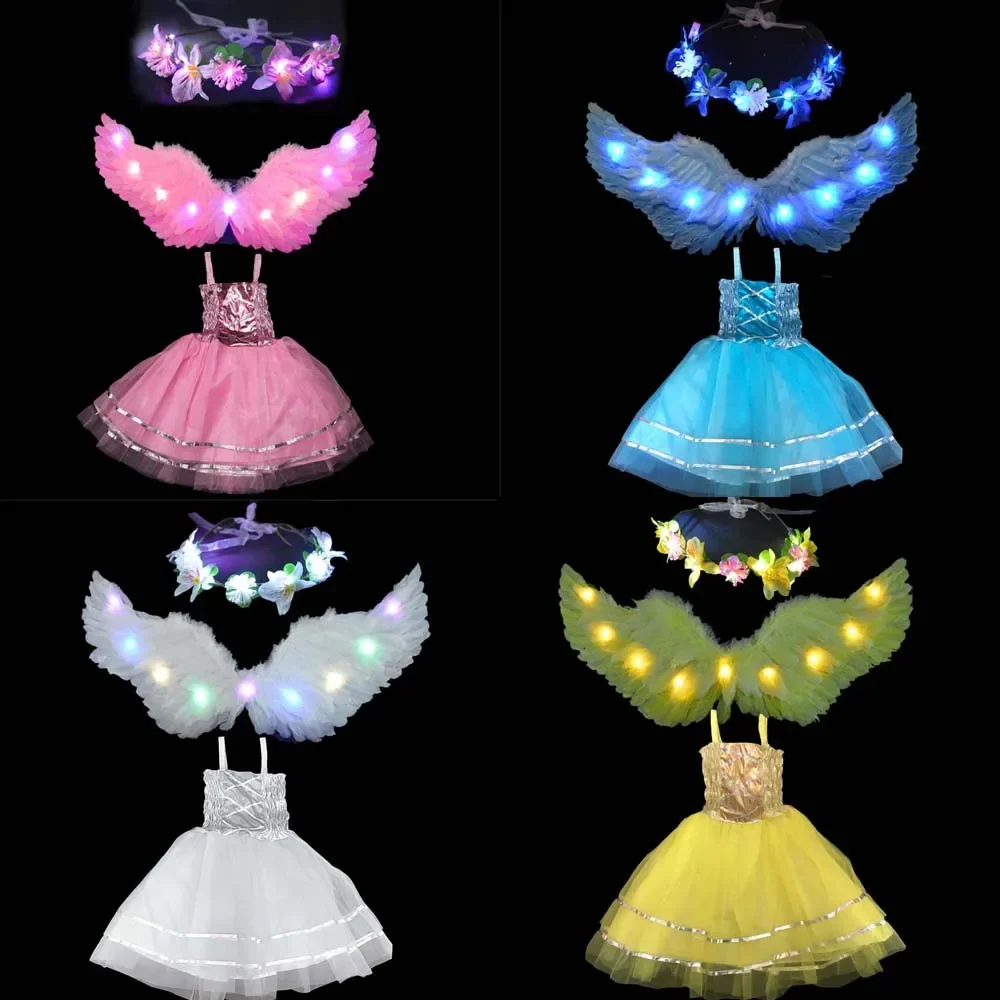 Light LED Glow Kids Flower Girls Angel Feather Wings Birthday Party       Costume    Wedding Festival