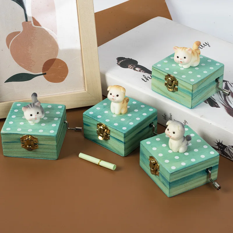 Percepção musical infantil brinquedos de madeira bonito gatinho filhote de cachorro mão manivela caixa de música retro instrumento musical de madeira caixa de música