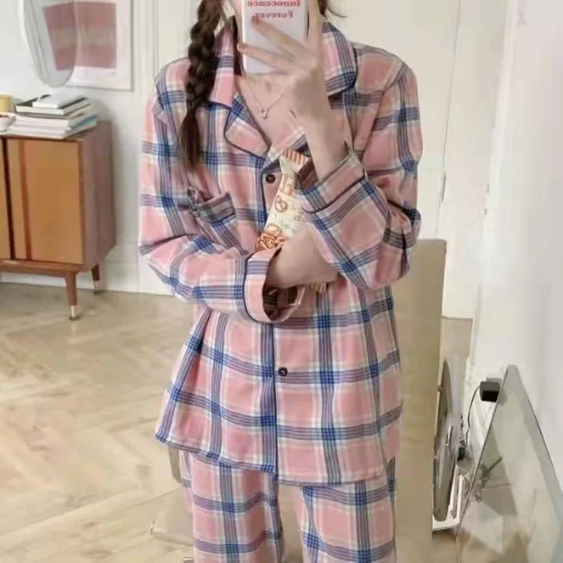 2023 Checked Pajamas trouser suits Korean Style Sleepwear Long Sleeve Cardigan for Women Pyjamas Femme Home and Sleep Clothes