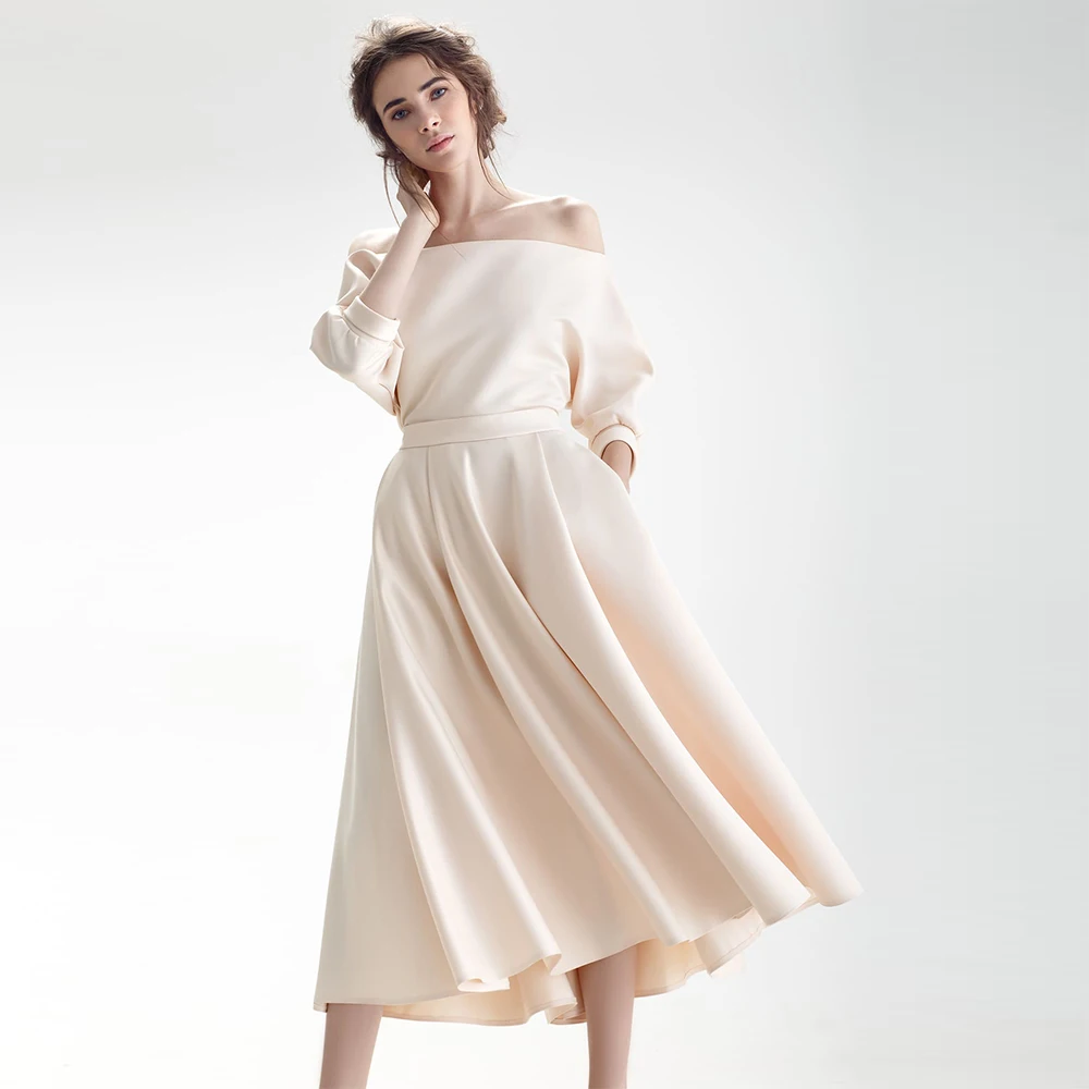 Midi Wedding Dress Satin Champagne Off Shoulder A Line Simple Wedding Gown 2022 Batwing Sleeves Tea Length Short Bridal Dresses