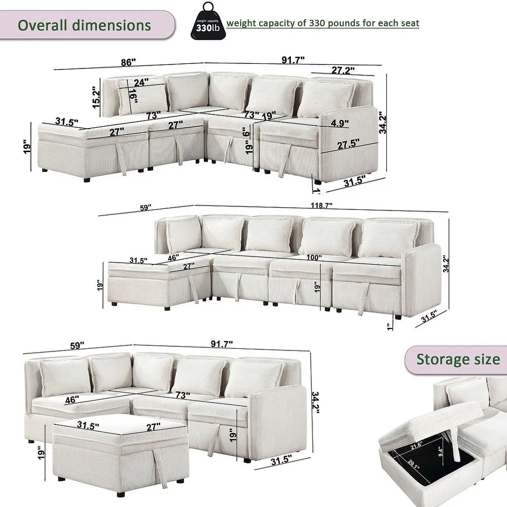 Sectional Convertible Sofa, L-Shaped 5-Seats Sectional Convertible Sofa