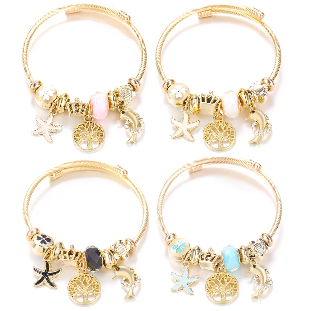 Trendy Tree of Life Starfish Pendant Golden Stainless Steel Beaded Bracelet 4 Colors Closure Bangles Women Bracelet Jewelry Gift