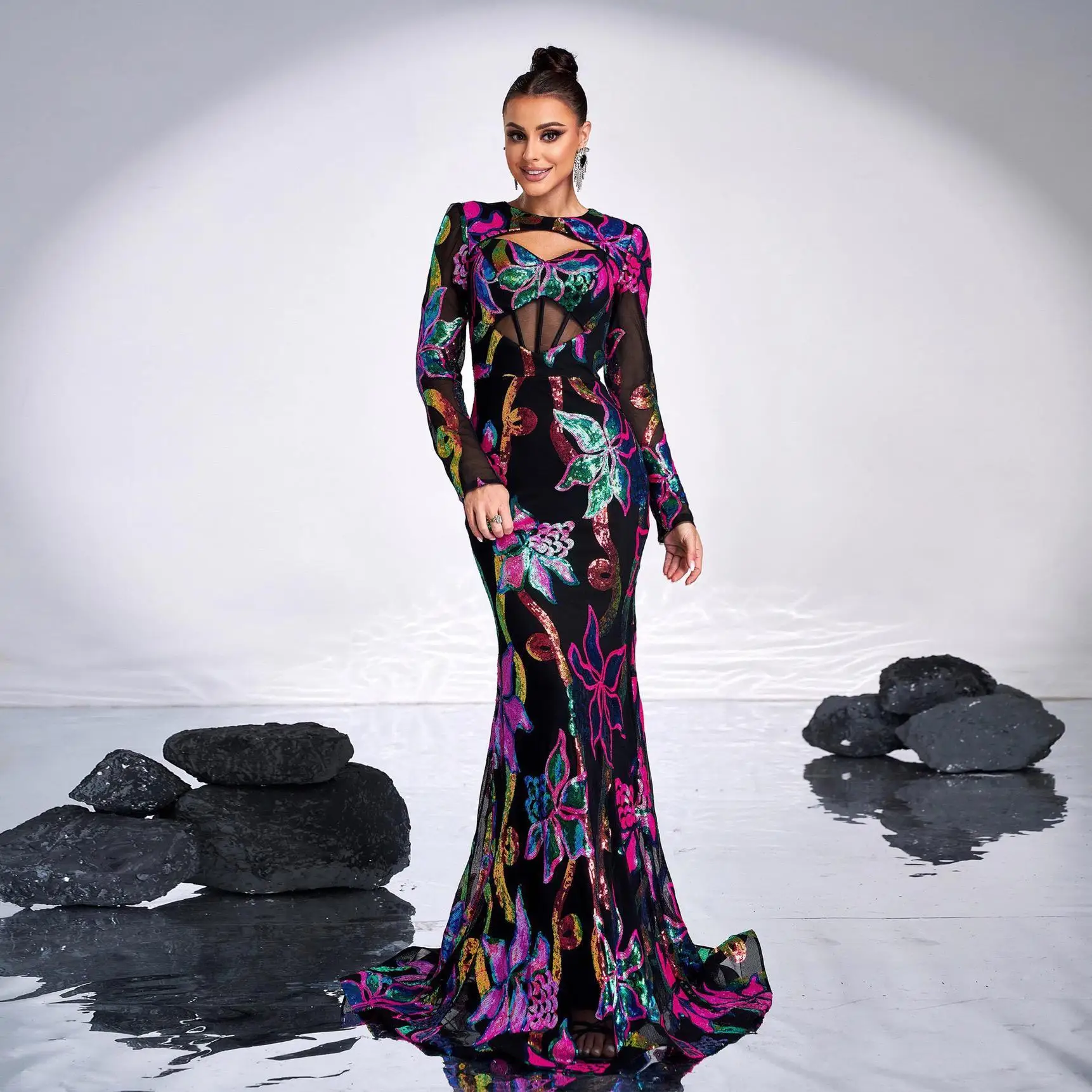 Abito da sera con paillettes floreali Lungo Sve Compleanno Formale Ocn Dr Poliestere 00% Collezione Faion Autunno 2024 da donna