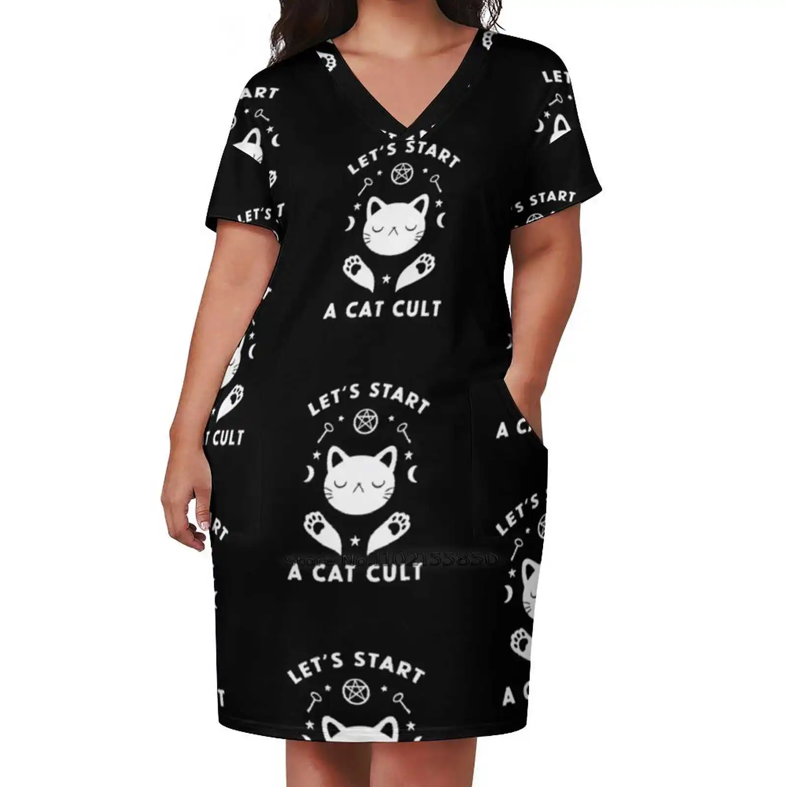 Cat Cult Funny Magic Design Loose Pocket Dress Summer Sexy V Neck Dress Print Short Sleeve Dress Cats Cat Cult Magic Witch