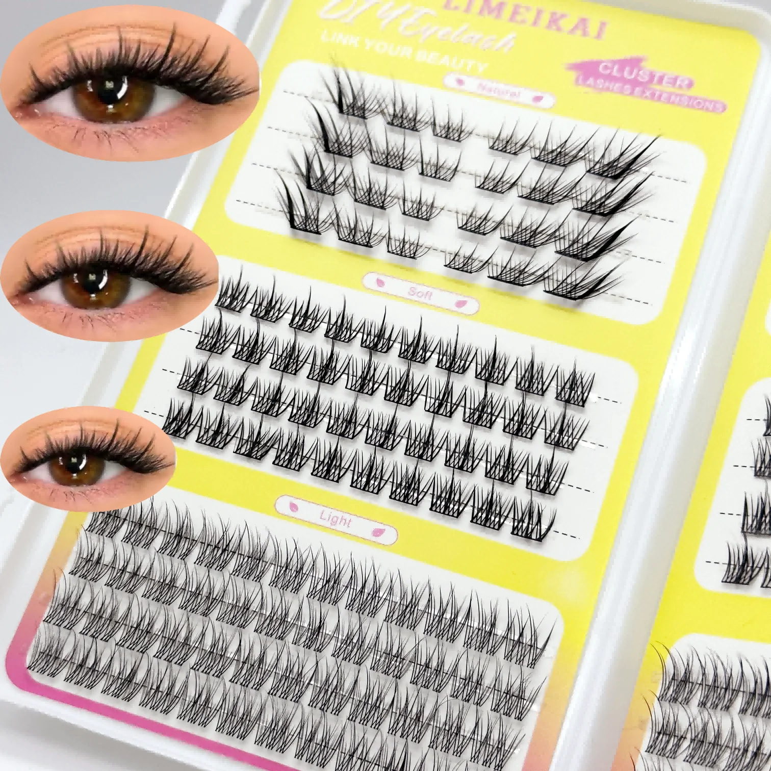 224 DIY Self-Grafting Lash Clusters, 3 Types of Mixed Lash Textures, C Curl, Naturally Soft, Non-Irritating, Versatile Styles