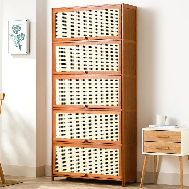 Multi-functional Tipping bucket door shoe rack shoe cabinet large capacity imitation rattan woven indoor entrance dust locker
