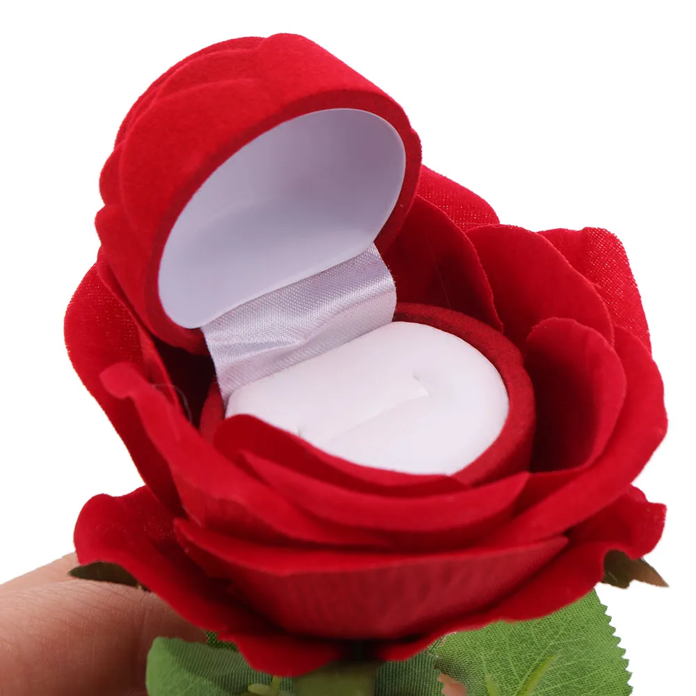 

Creative Wedding Ring Holder Realistic Red Velvet Jewelry Display Box Flocked Artificial Rose Long Root Rose Ring Bearer Case