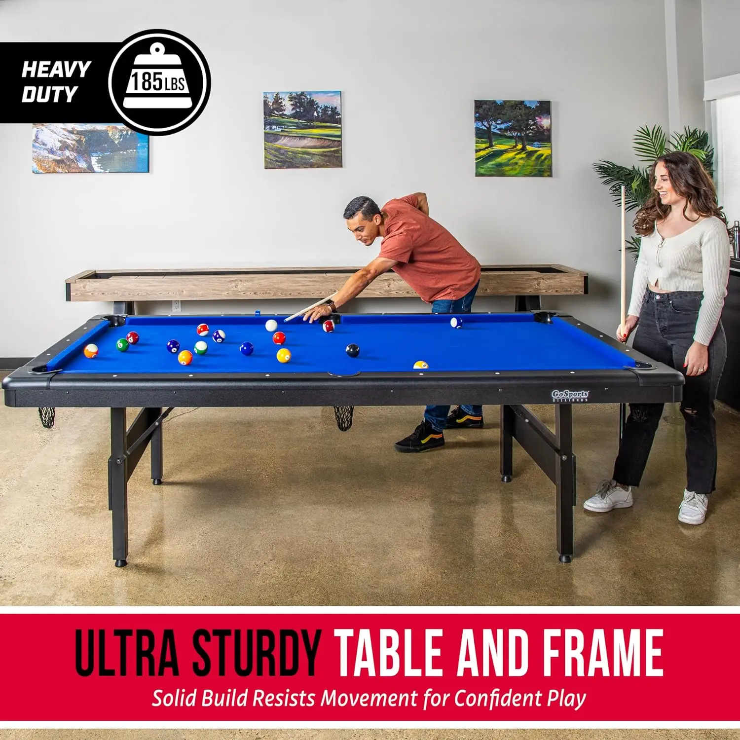 6, 7, or 8 ft Billiards Table - Portable Pool Table - Includes Full Set of Balls, 2 Cue Sticks, Chalk and Felt Brush