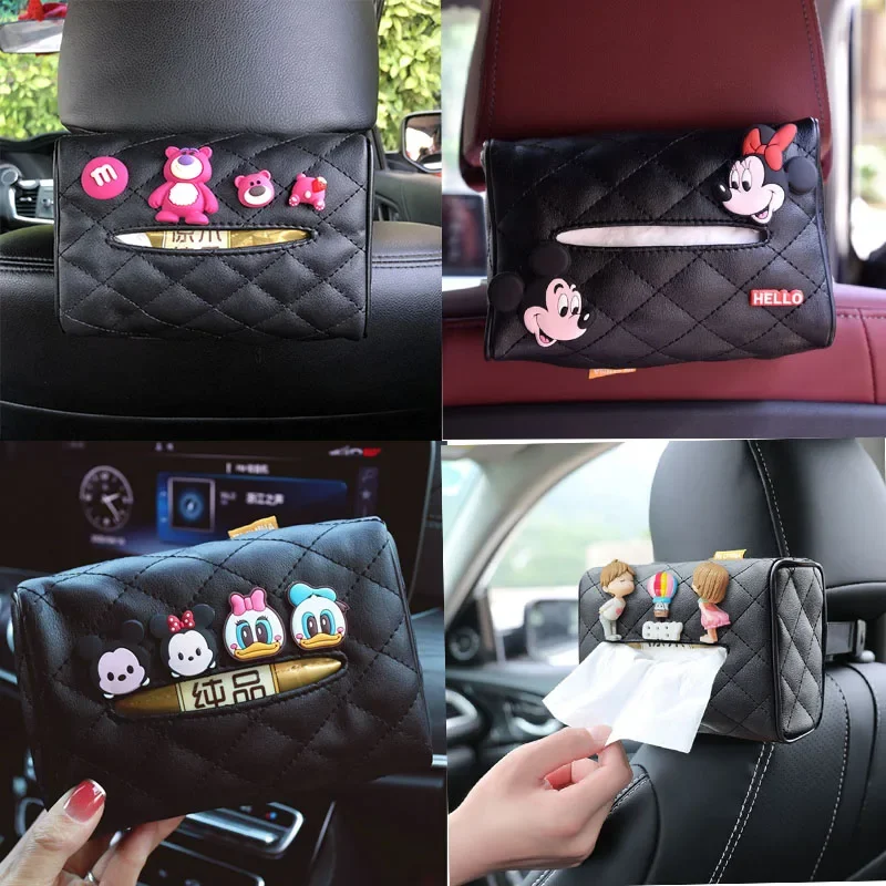 Disney Anime Figure Strawberry Bear Car Visor PU Tissue Box Ornaments Cartoon Mickey Minnie Auto Chair Back Hanging Accessories