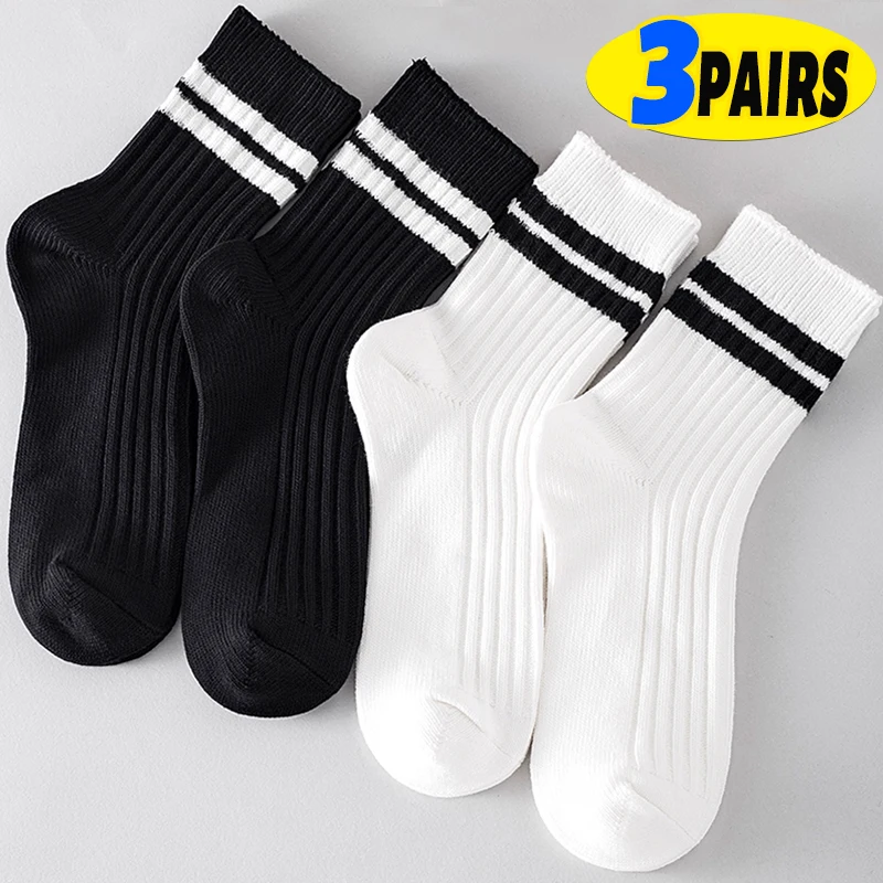 1/3pairs Solid Striped Black White Socks for Woman Street Hip Hop Skateboard Striped Mid Tube Socks Breathable Sports Racing Sox