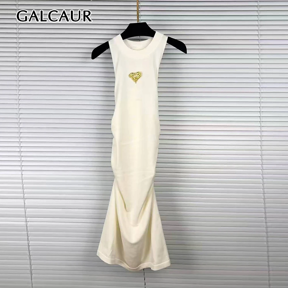GALCAUR Solid Slimming Spliced Fur Minimalism Dress for Women Round Neck Sleeveless Patchwork Folds Midi Dresses Female Style