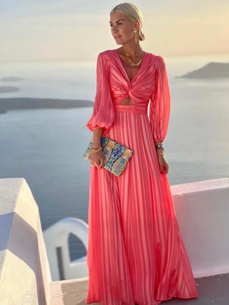 Elegant Fashion Twisted Breast Dress Spring/Autumn Women High Waist Lantern Sleeve Long Dresses Party Resort Maxi Dress A1931