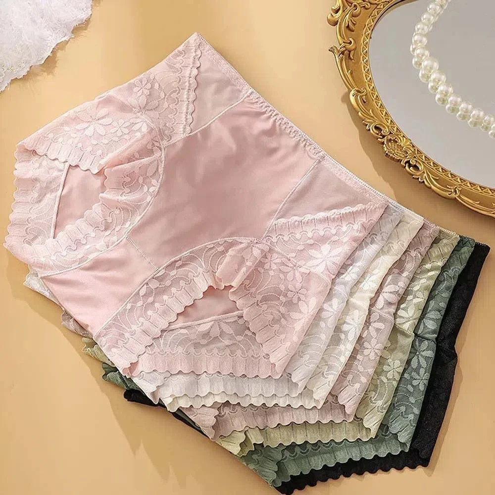 

Satin Women Silk Panties Lingeries Belly Contracting Ice Silk Lace Underpants Solid Color High Waist Plus Size Briefs Women