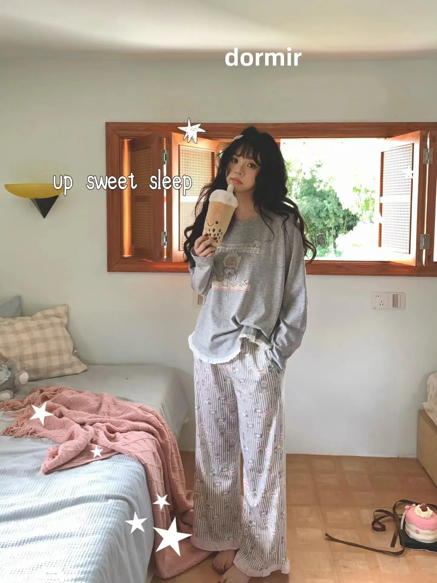 sweet-cartoon-bear-home-clothes-set-women's-long-sleeve-cotton-sleepwear-comfortable-soft-round-neck-overhead-style