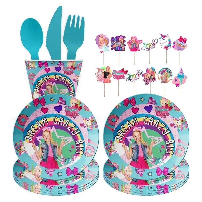 JOJO Siwa Theme Party Cartoon Decorations Tableware Set Flag Paper Cup Plate Balloon Disposable Supplies Baby Shower Cute Girls