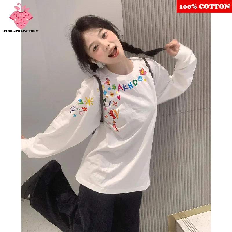 

American Street Graffiti T-shirt Women Autumn 2025 New 100% Cotton Oversize White Long-sleeved T-shirt Y2k Tops kawaii clothes