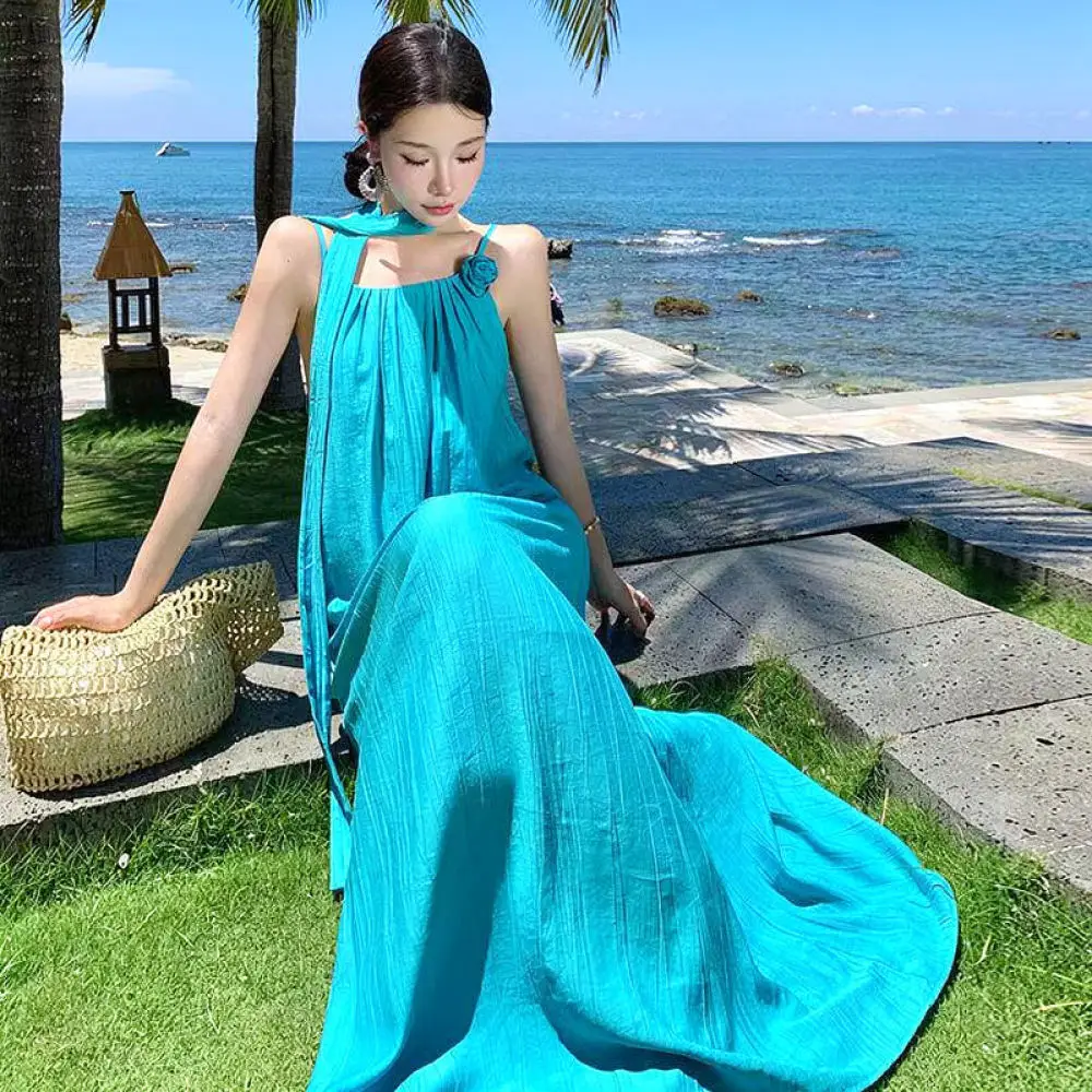 Casual Summer Beach Dress Women Sleeveless Backless Maxi Sundress Loose Fit Elegant Spaghetti Strap Long Vacation Wear