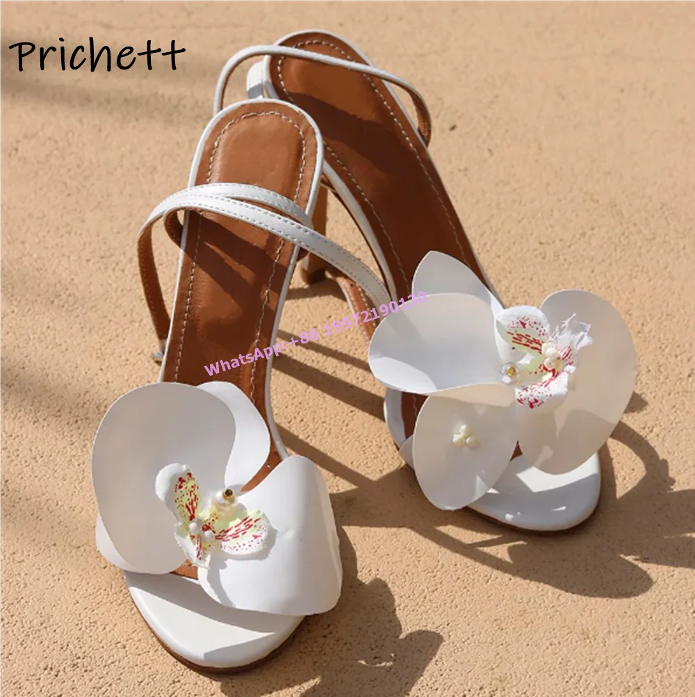 

White Flower Cross Tied Sandals Round Toe Thin Heels Ankle Band Shoes Summer Lovely Sexy Boat Orchids Summer Vocation Shoes