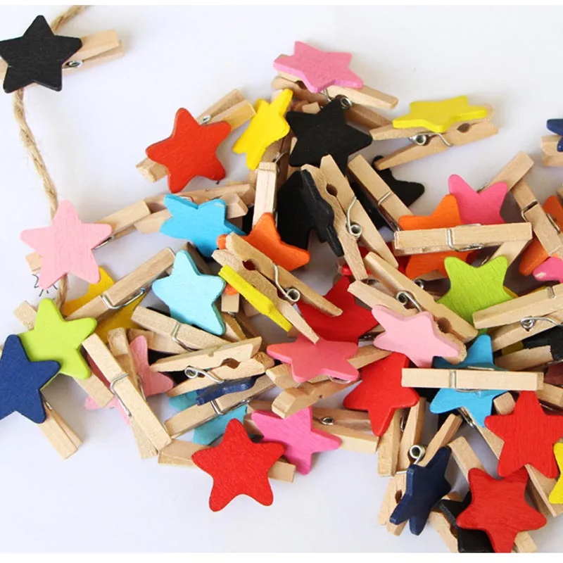 30x4mm 20pcs Wooden Color Star Photo Clips Memo Paper Peg Clothespin Stationery Christmas Wedding Party Craft DIY Home Decor