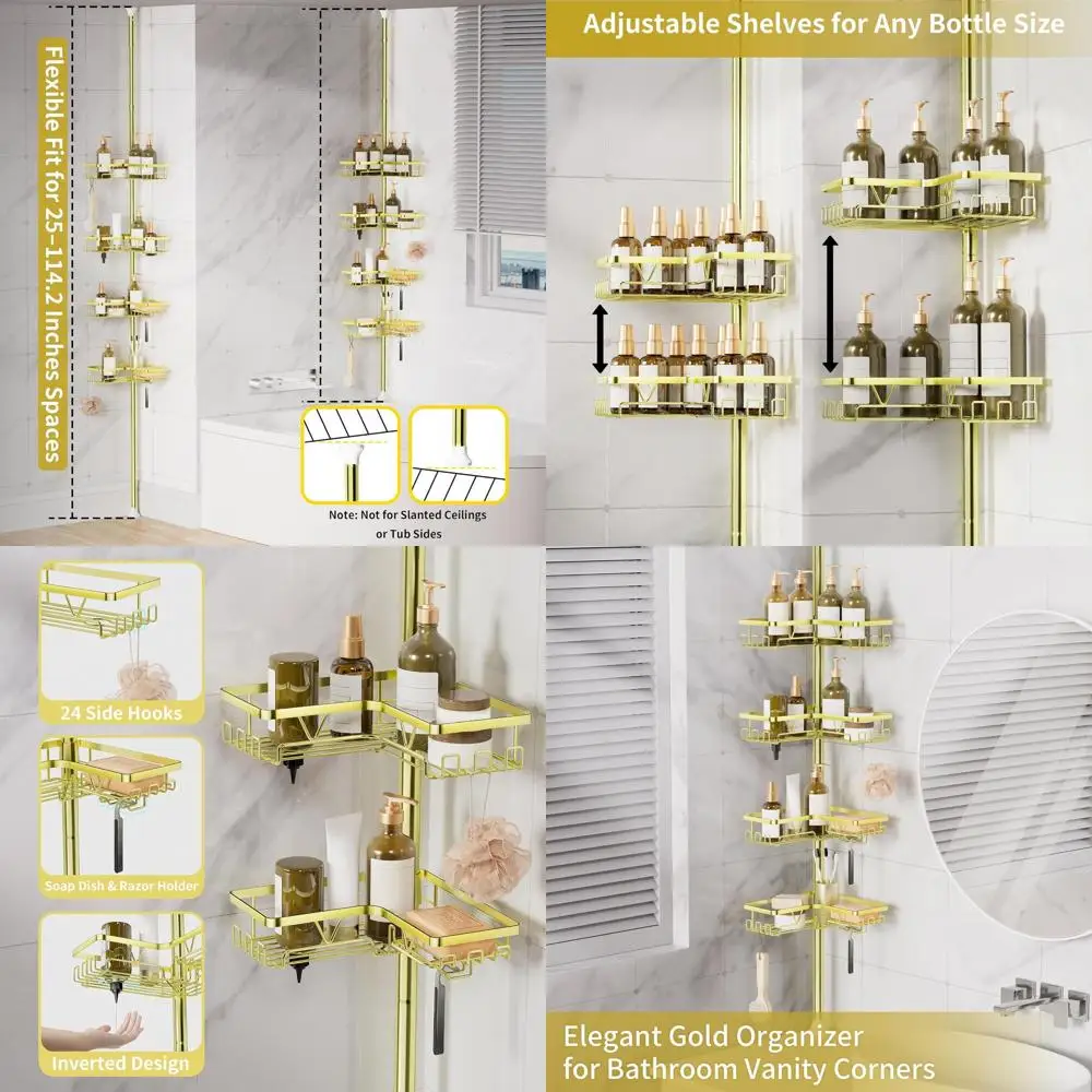 

4-Tier Stainless Steel Corner Shower Caddy with Floor to Ceiling Tension Rod, 25-114.2 inch Adjustable, Waterproof Organizer