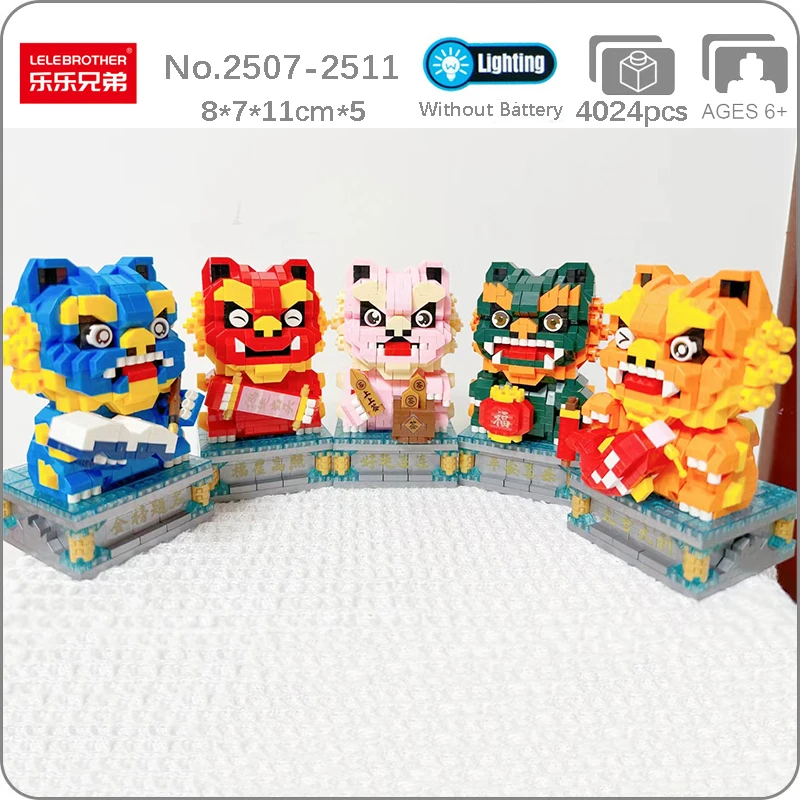 Lele New Year Spring Festival Stone Lion Lucky Animal Pet Light DIY Mini Diamond Blocks Bricks Building Toy For Children No Box