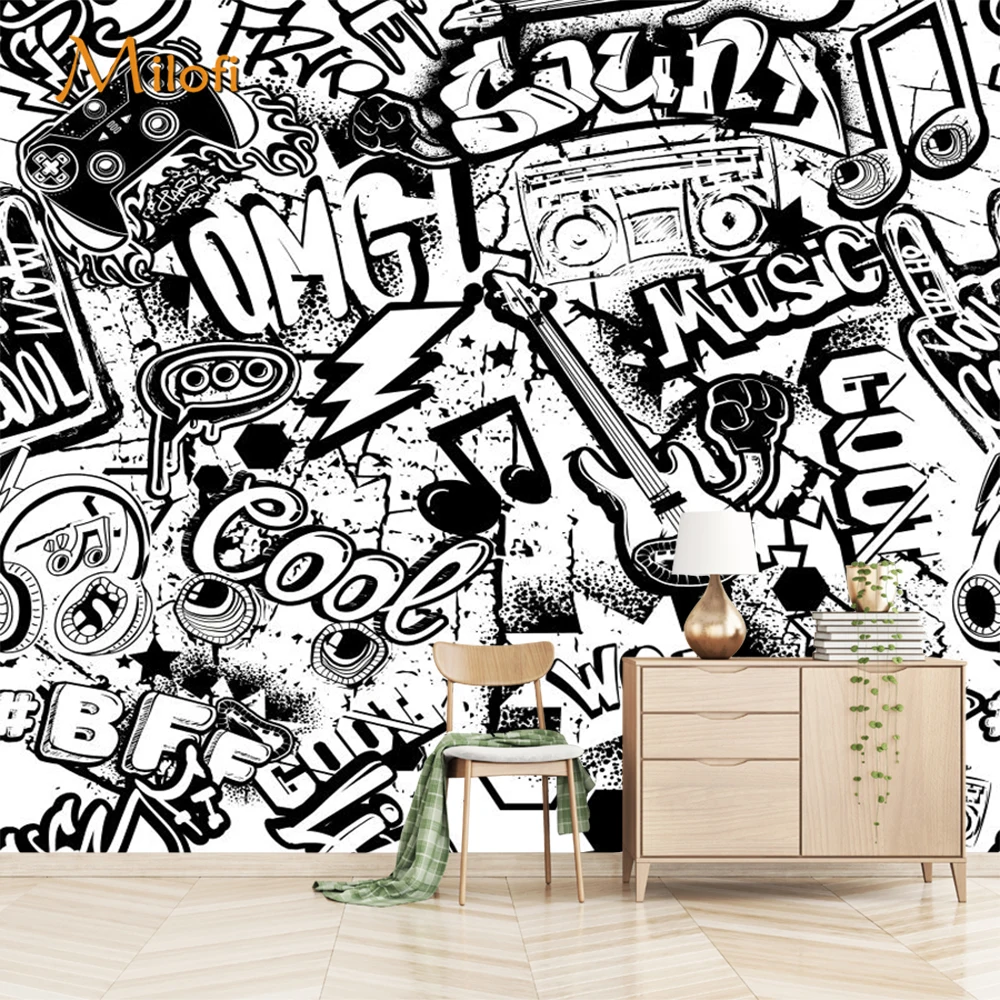 

Milofi Customized Music Hip Hop Black and White Wall Painting Underwater Children's Room Indoor Background Wall Painting Wallpap