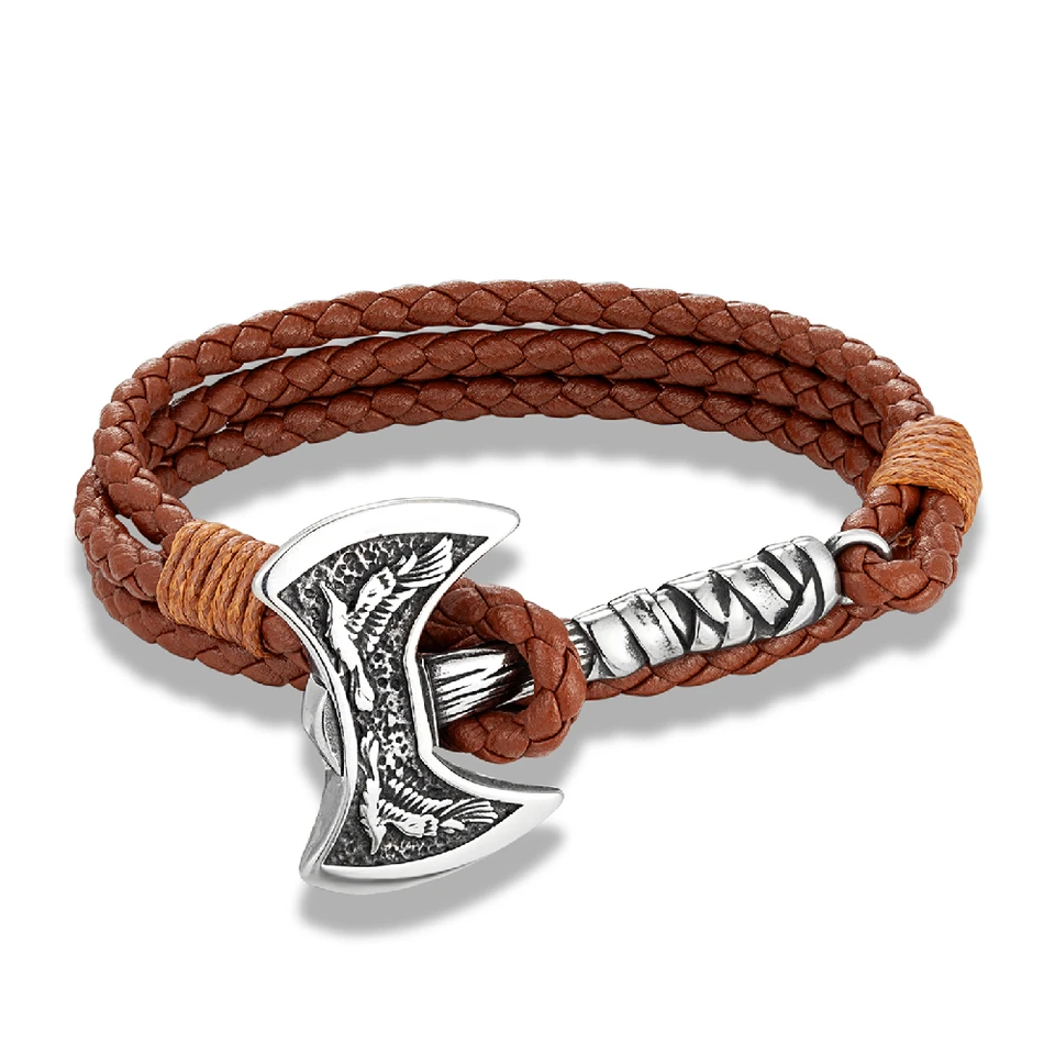 Norse Hatchet Multi-layer Leather Bracelets Men Stainless Steel