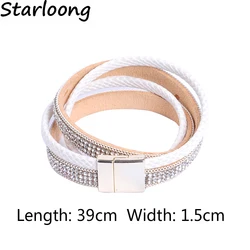 new fashion multi-layer PU leather bracelet with rhinestone beads chain magnetic clasp women wrap Masculina bijoux Bracelet